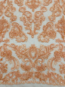 My Lady Beaded Fabric - Peach - Damask Beaded Sequins Embroidered Fabric By Yard