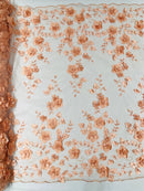 Floral 3D Pearl Fabric - Peach - Embroidered Double Border Flower Design Pearl Fabric By Yard