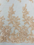 Rose Beaded Sequin Fabric - Peach - Embroidered Floral Pattern with Beads and Sequins By Yard
