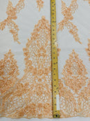 Beaded Floral Fabric - Peach - Luxury Bridal Floral Pattern Fabric With Beads, Sequins Sold By Yard