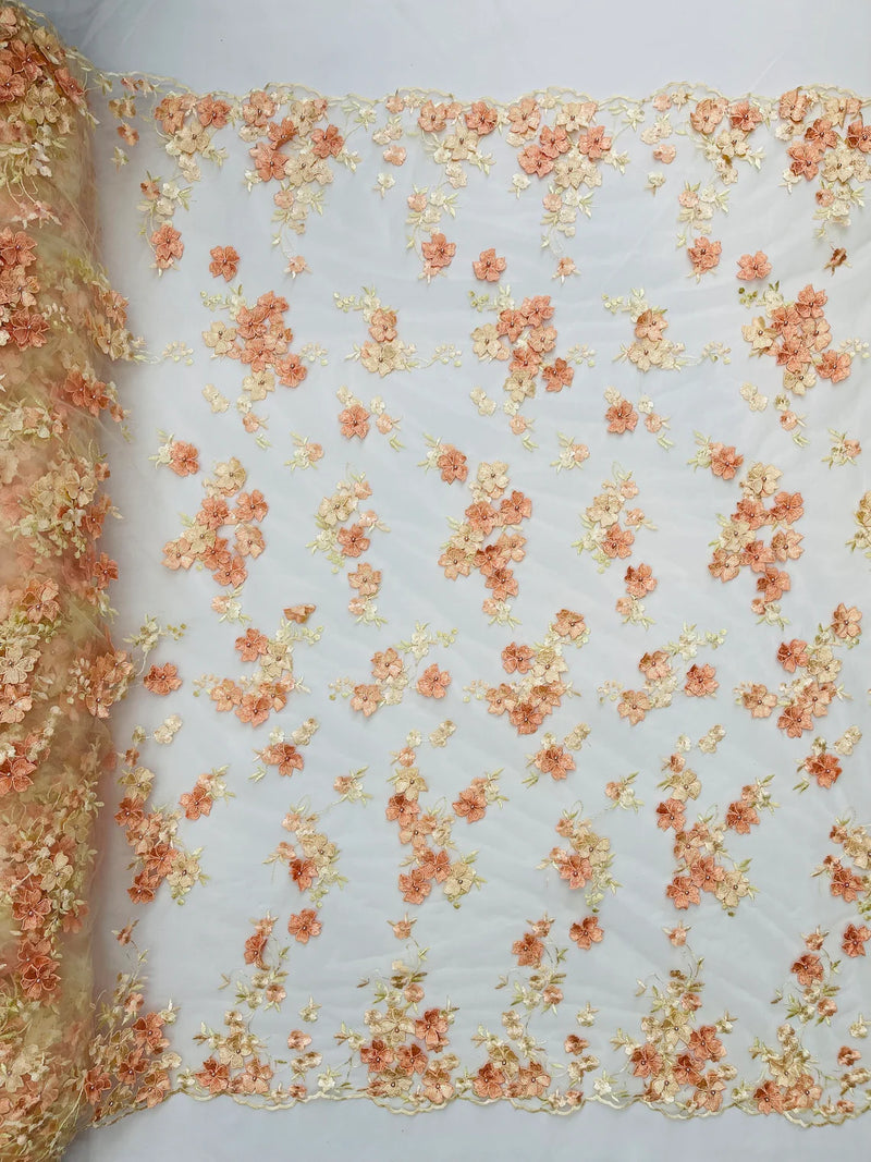 3D Multi-Color Flower Lace - Peach - Flower Leaf 3D Multi-Tone Fabrics Sold By Yard