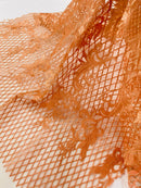 Damask Diamond Net Lace Fabric - Peach - Damask Design Embroidered on Lace Mesh Fabric by Yard
