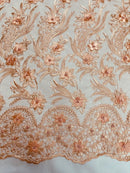 3D Floral Leaf Line Panels - Peach - 3D Embroidered Flower Lines with Pearls on Lace By Yard