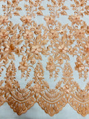3D Scalloped Floral Fabric - Peach - Embroidered Floral Design on Lace Sold By Yard
