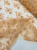 3D Floral Fabric - Peach - Embroidered Flower with Rhinestone and Sequins Fabric Sold By Yard