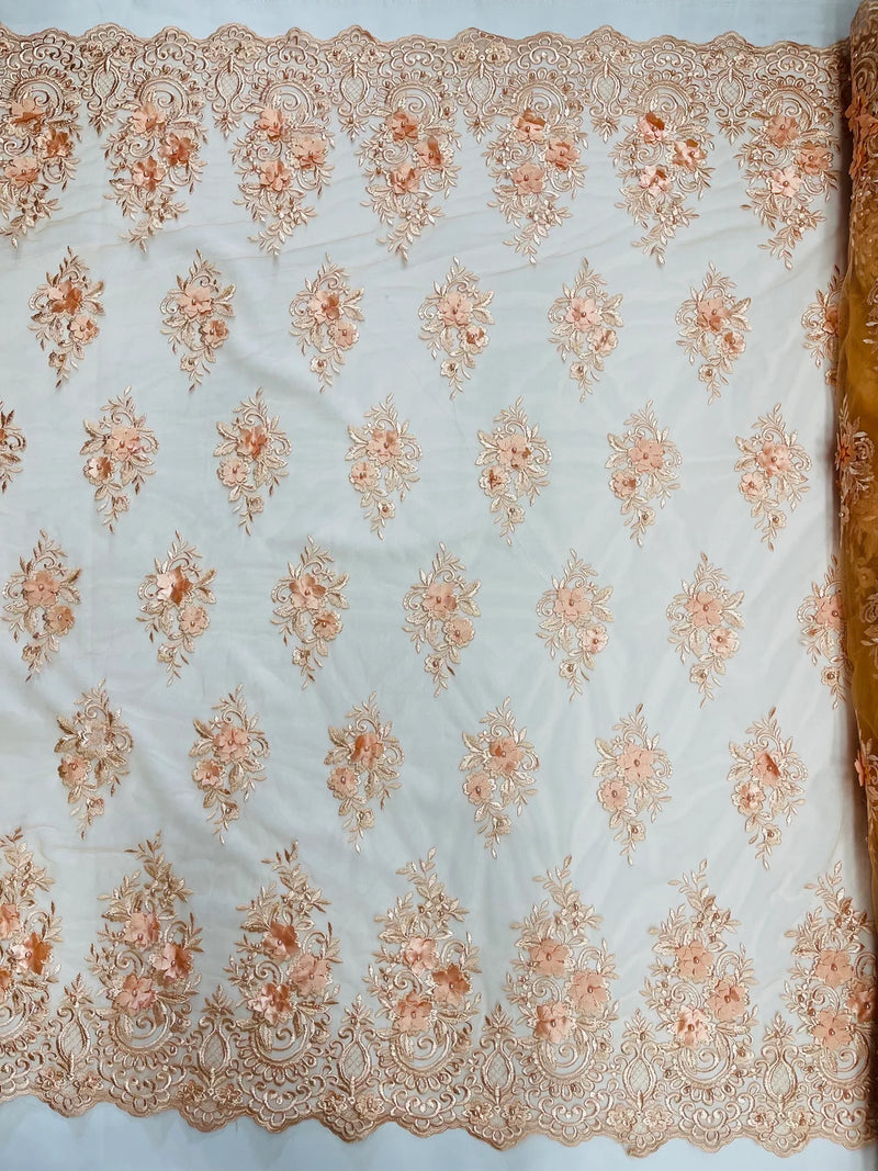 3D Floral Fabric with Pearls - Peach - Embroidered Flower and Leaf Patterns on Lace Fabric by Yard