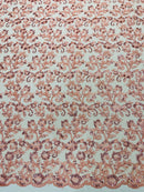 Floral Sequins Corded Fabric - Peach - Lace Sequins Fabric in Floral Pattern Sold By Yard