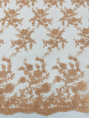 Floral Cluster Corded Fabric - Peach - Fancy Flower Embroidery Lace Mesh Fabric By Yard