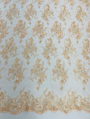 Beaded Sequins Floral Fabric - Peach - Embroidered Beaded Floral Clusters Sequins Fabric By Yard