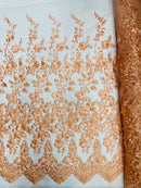 3D Scalloped Floral Fabric - Peach - Embroidered Floral Design on Lace Sold By Yard