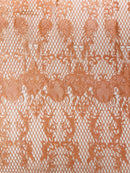 Damask Diamond Net Lace Fabric - Peach - Damask Design Embroidered on Lace Mesh Fabric by Yard