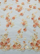 3D Multi-Color Flower Lace - Peach - Flower Leaf 3D Multi-Tone Fabrics Sold By Yard