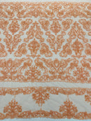My Lady Beaded Fabric - Peach - Damask Beaded Sequins Embroidered Fabric By Yard