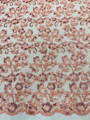 Floral Sequins Corded Fabric - Peach - Lace Sequins Fabric in Floral Pattern Sold By Yard
