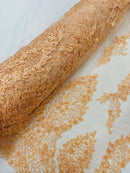 Beaded Floral Fabric - Peach - Luxury Bridal Floral Pattern Fabric With Beads, Sequins Sold By Yard