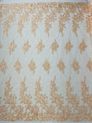 Rose Beaded Sequin Fabric - Peach - Embroidered Floral Pattern with Beads and Sequins By Yard