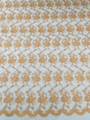 Jasmine Flower Fabric - Peach - Embroidered Floral Design Lace Mesh Bridal Fabric By Yard