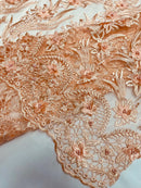 3D Floral Leaf Line Panels - Peach - 3D Embroidered Flower Lines with Pearls on Lace By Yard