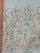 3D Tulle Mesh Flower Fabric - Peach - Beaded Mesh Flower Plant Design Sold By Yard