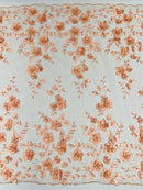 Floral 3D Pearl Fabric - Peach - Embroidered Double Border Flower Design Pearl Fabric By Yard