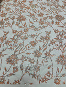 Floral Silver Bead Fabric - Peach - Beaded Flower Design with Sequins on Lace Mesh by Yard