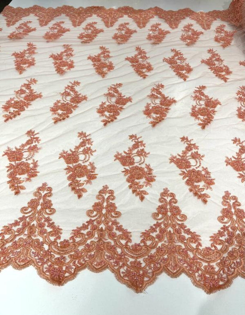 Floral Cluster Beaded Fabric - Peach - Embroidered Flower Beaded Fabric Sold By Yard