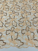 Flower Plant Sequins Fabric - Peach - Embroidered Sequins On Flower Pattern Lace By Yard