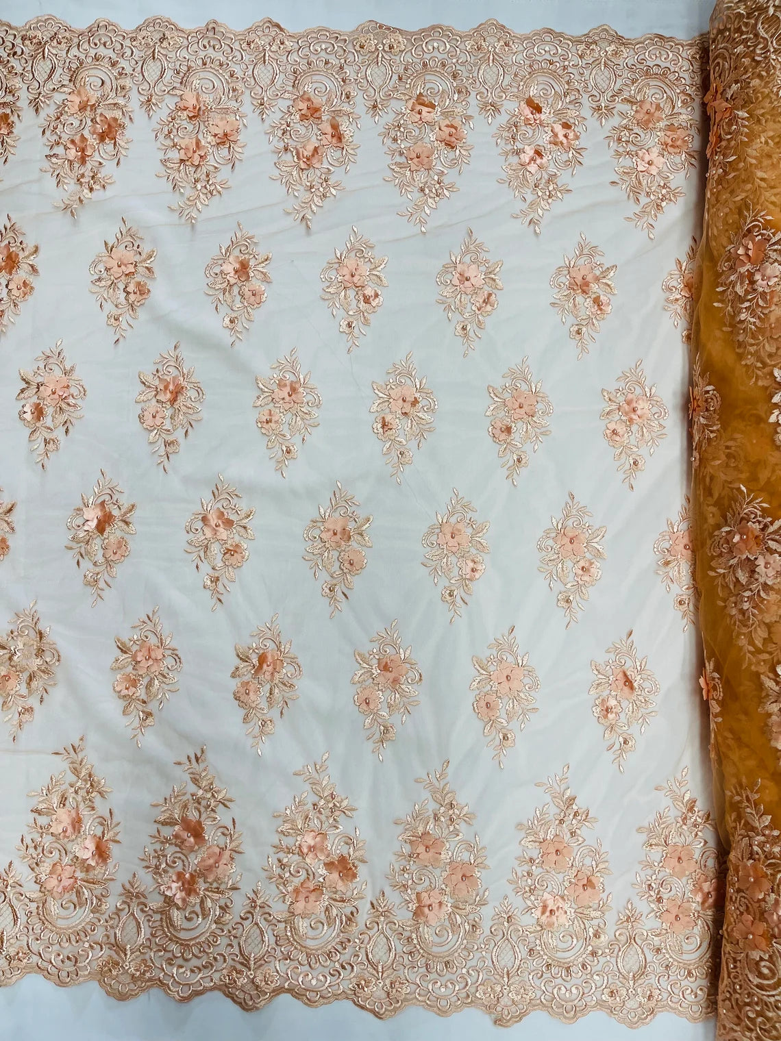 Royalty Fabrics Multi color Sun flower 3d design embroider in a peach mesh lace-sold by the yard.