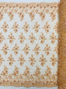 3D Floral Fabric - Peach - Embroidered Flower with Rhinestone and Sequins Fabric Sold By Yard