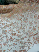 Floral Silver Bead Fabric - Peach - Beaded Flower Design with Sequins on Lace Mesh by Yard