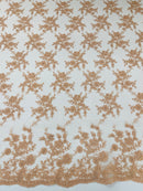 Floral Cluster Corded Fabric - Peach - Fancy Flower Embroidery Lace Mesh Fabric By Yard