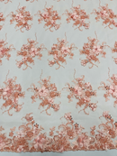 3D Flower Pearl Design - Peach - Embroidered Sequins Floral Clusters Lace Fabric By Yard
