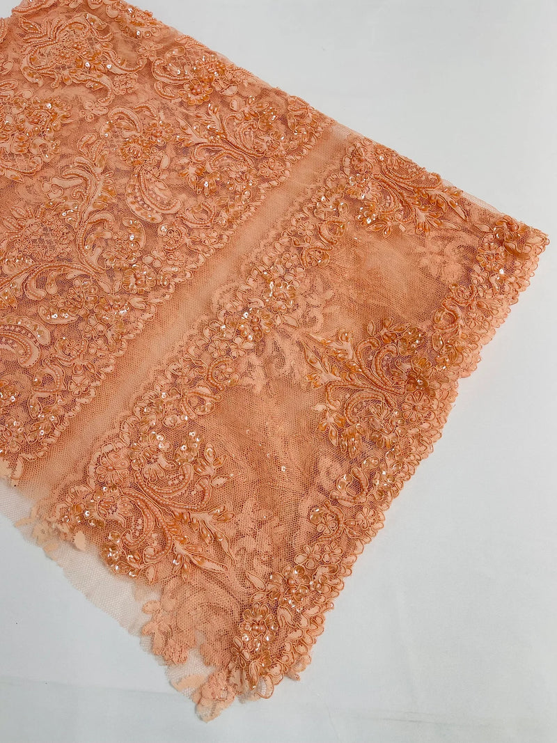 My Lady Beaded Fabric - Peach - Damask Beaded Sequins Embroidered Fabric By Yard