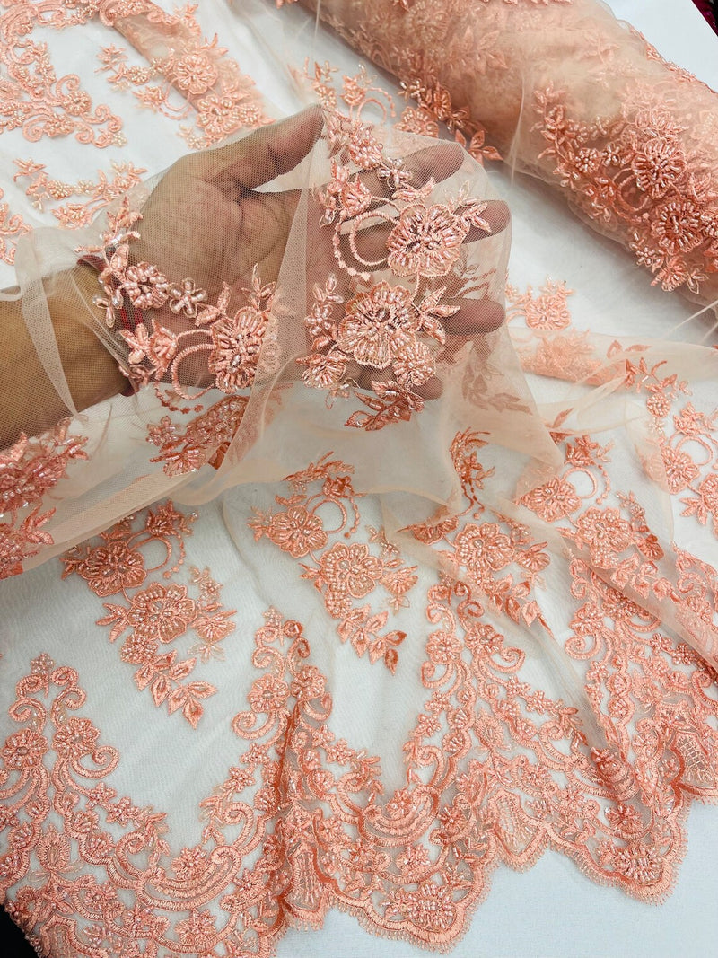 Floral Cluster Beaded Fabric - Peach - Embroidered Flower Beaded Fabric Sold By Yard