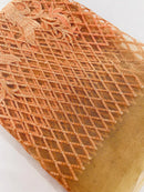 Damask Diamond Net Lace Fabric - Peach - Damask Design Embroidered on Lace Mesh Fabric by Yard