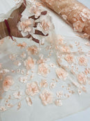 3D Orquidia Floral Lace - Peach - Beautiful Orchid Flower Fabric on Mesh by Yard