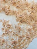 3D Floral Fabric - Peach - Embroidered Flower with Rhinestone and Sequins Fabric Sold By Yard
