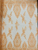 Beaded Floral Fabric - Peach - Luxury Bridal Floral Pattern Fabric With Beads, Sequins Sold By Yard