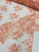 3D Flower Pearl Design - Peach - Embroidered Sequins Floral Clusters Lace Fabric By Yard