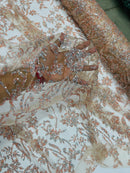 Floral Silver Bead Fabric - Peach - Beaded Flower Design with Sequins on Lace Mesh by Yard