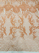 Damask Diamond Net Lace Fabric - Peach - Damask Design Embroidered on Lace Mesh Fabric by Yard