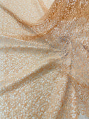 Fish Net Sequins Fabric - Peach - Cast Net Design Sequins Embroidery Lace Fabric By Yard