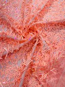 Sword Shaped Sequins - Peach - Hanging Iridescent Sequins On Mesh Fabric By Yard