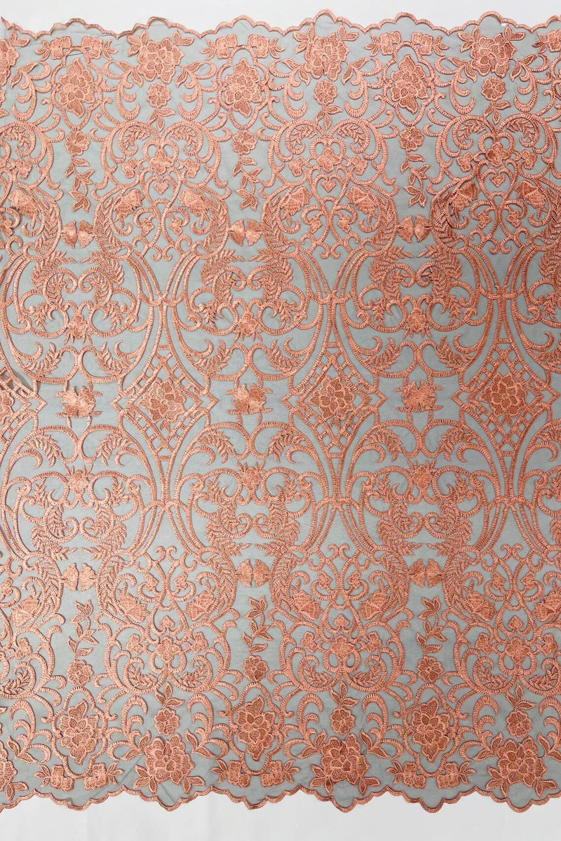 Damask Fancy Design - Peach - Embroidered Black Mesh Damask Design Lace Fabric Sold by Yard