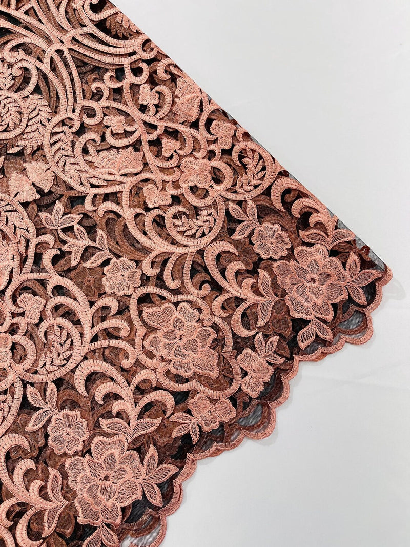 Damask Fancy Design - Peach - Embroidered Black Mesh Damask Design Lace Fabric Sold by Yard