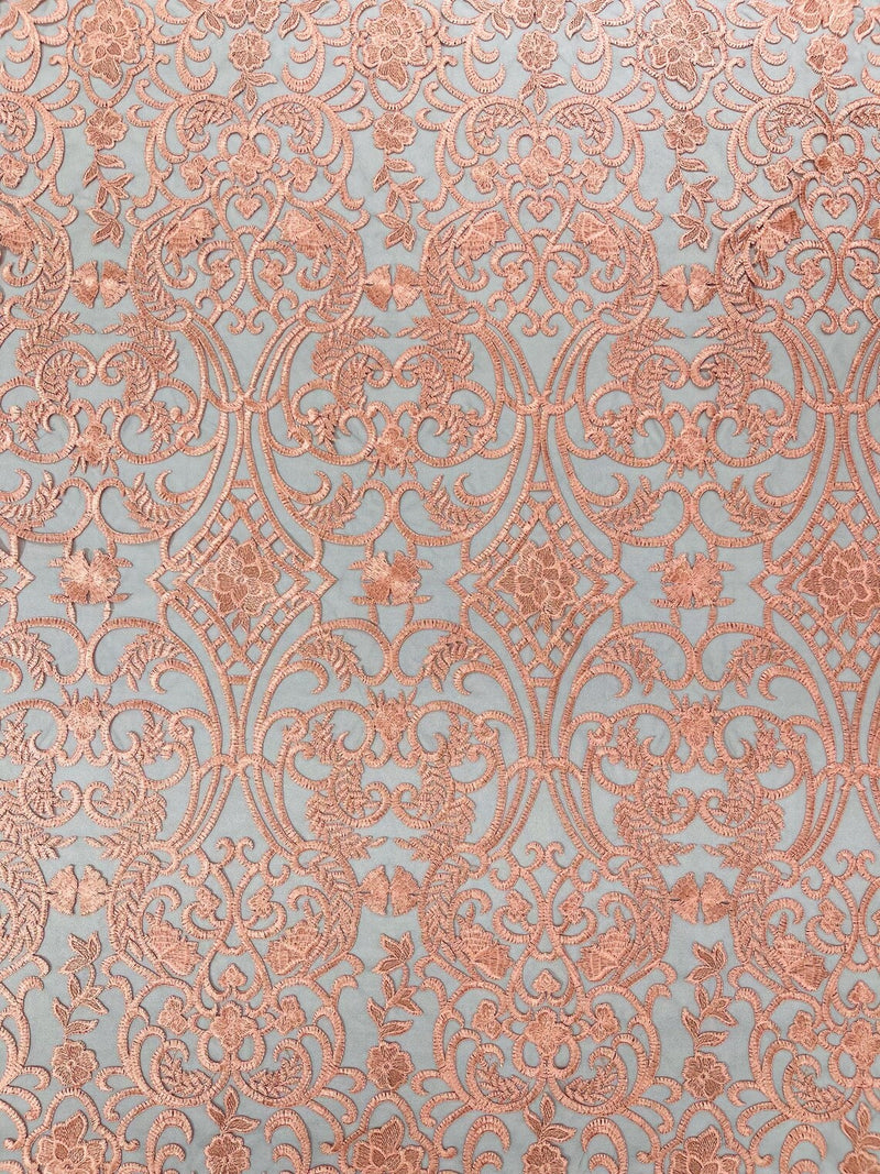 Damask Fancy Design - Peach - Embroidered Black Mesh Damask Design Lace Fabric Sold by Yard