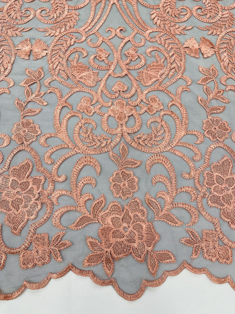 Damask Fancy Design - Peach - Embroidered Black Mesh Damask Design Lace Fabric Sold by Yard