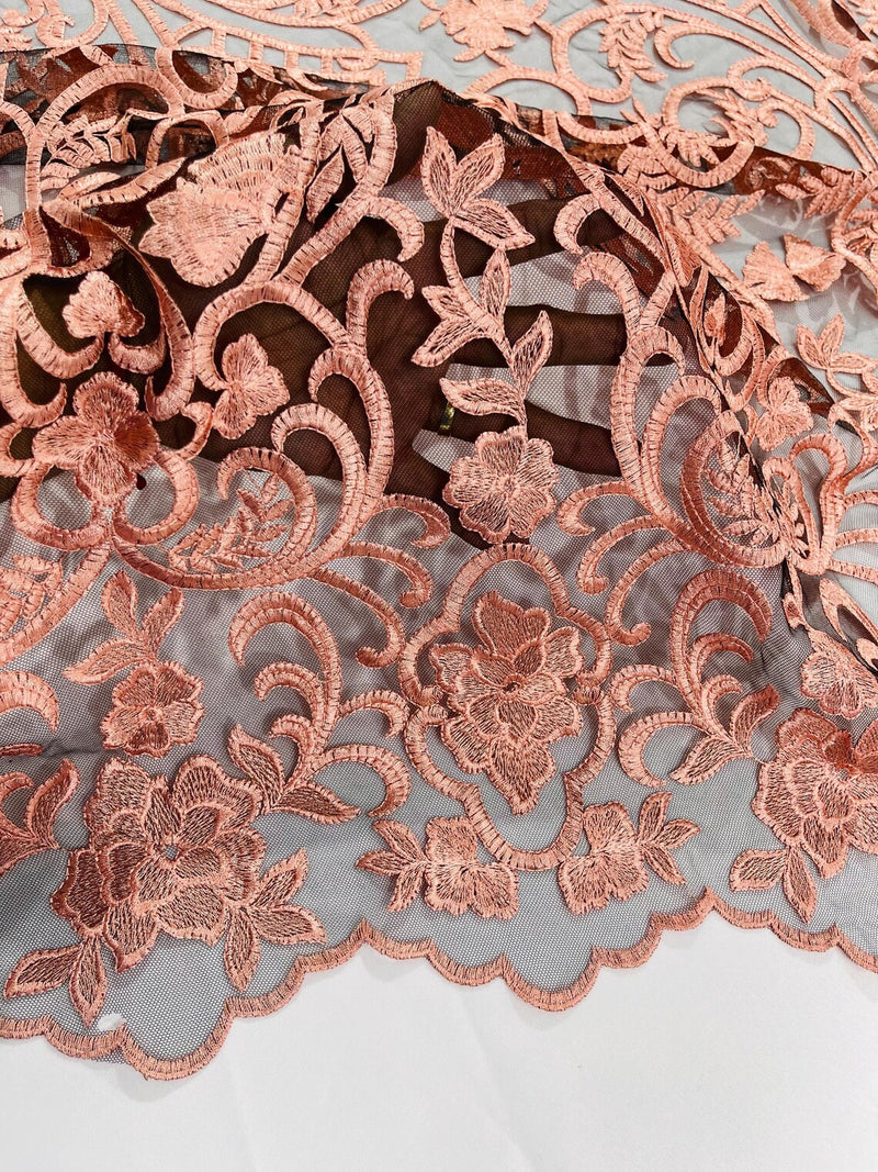 Damask Fancy Design - Peach - Embroidered Black Mesh Damask Design Lace Fabric Sold by Yard