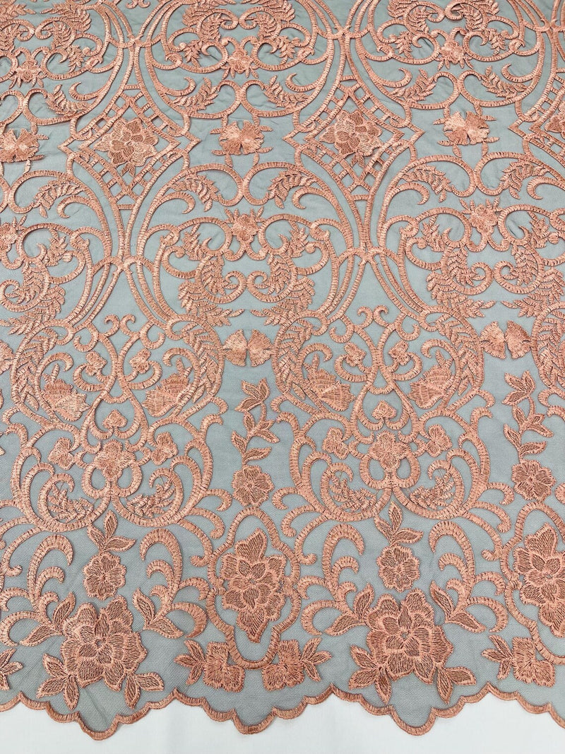 Damask Fancy Design - Peach - Embroidered Black Mesh Damask Design Lace Fabric Sold by Yard