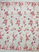 3D Multi-Color Flower Lace - Pink - Flower Leaf 3D Multi-Tone Fabrics Sold By Yard